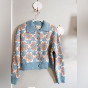 NWOT Industry Retro Floral Blue/Orange Cropped Collared Sweater Cardigan Size S
